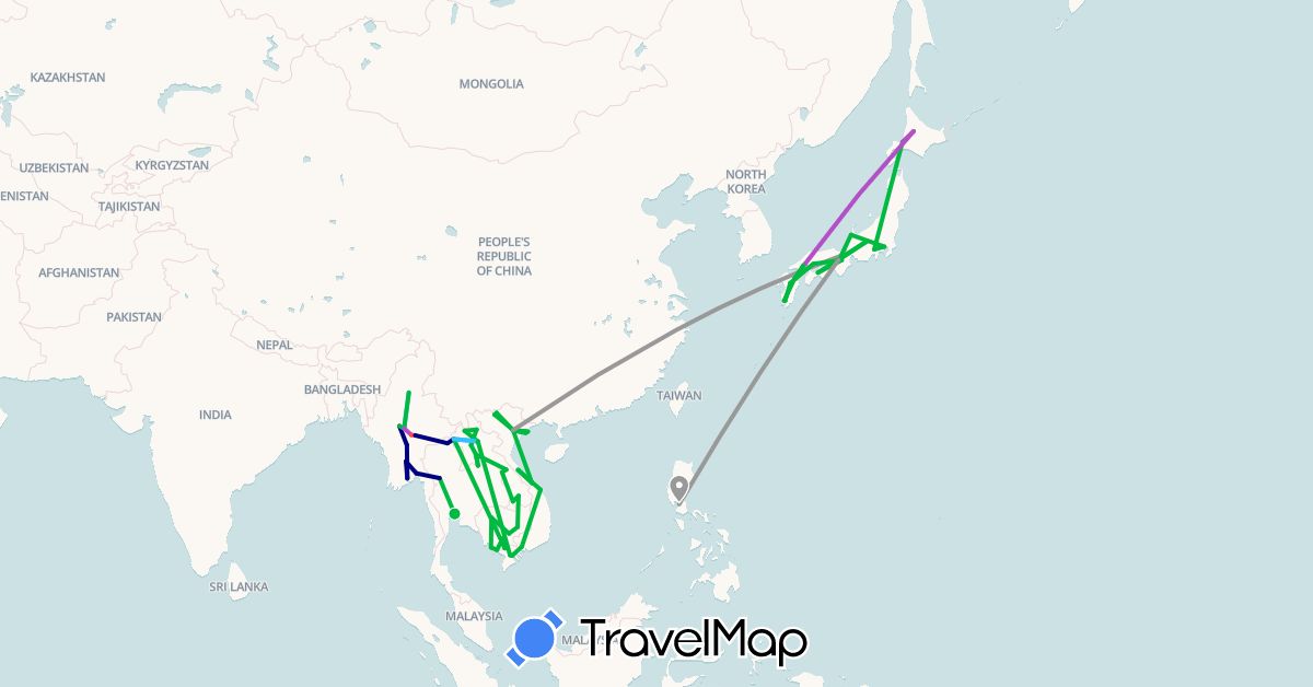 TravelMap itinerary: driving, bus, plane, train, hiking, boat in Japan, Cambodia, Laos, Myanmar (Burma), Philippines, Thailand, Vietnam (Asia)